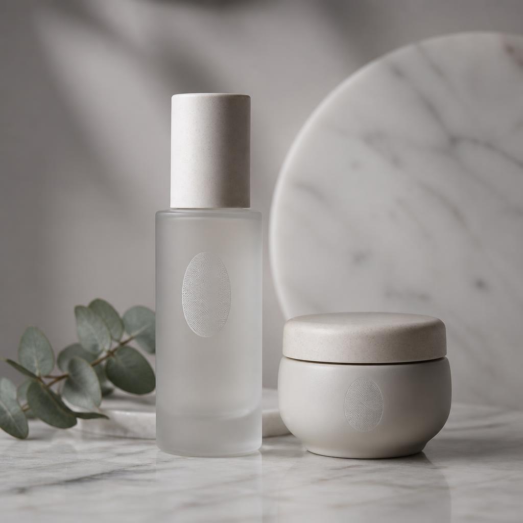 Skincare packaging in frosted glass and ceramic on marble