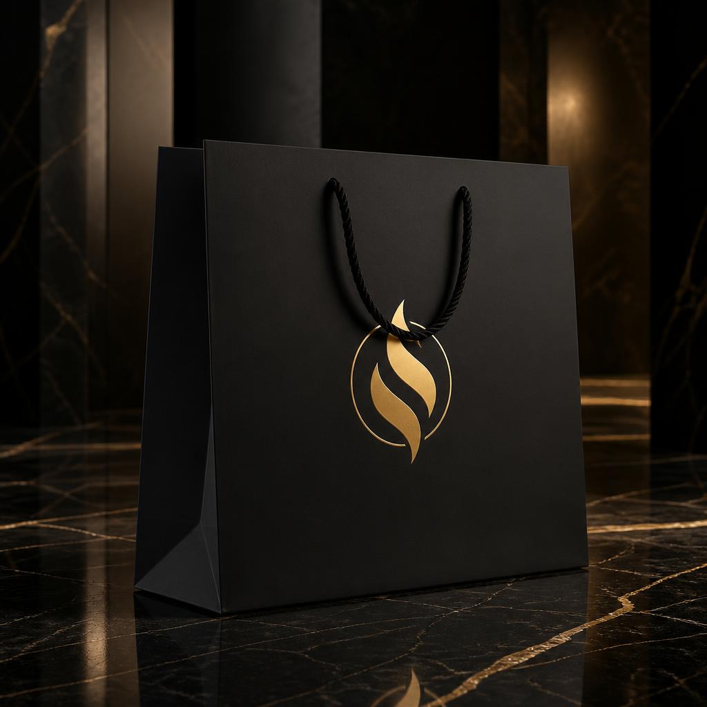 Luxury matte black shopping bag with gold emblem