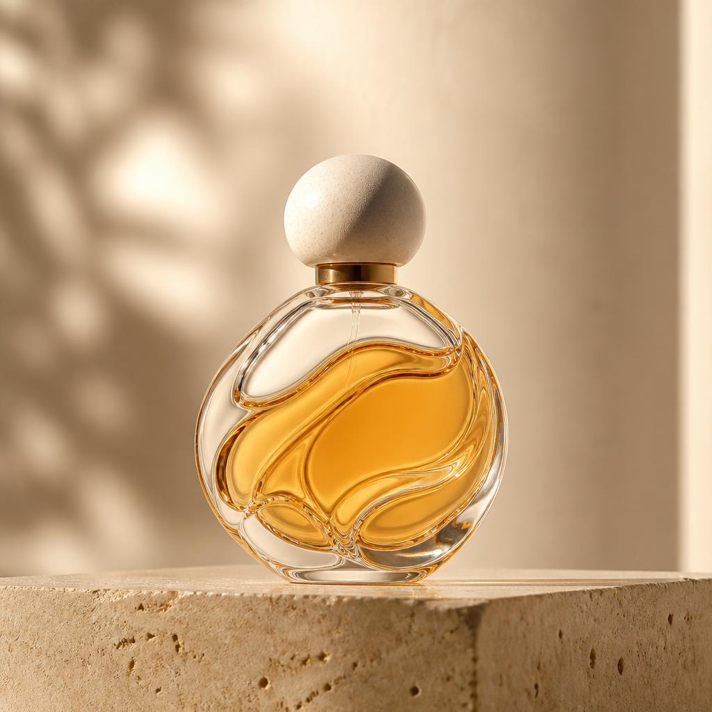 Sculptural perfume flacon on travertine plinth