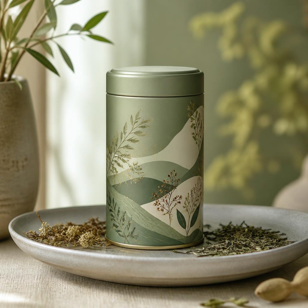 Tea tin canister with botanical illustration wrap