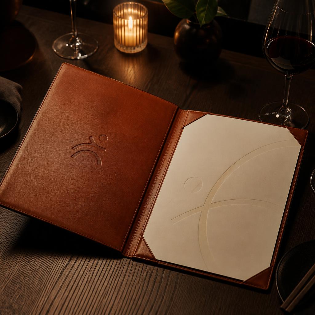 Leather restaurant menu portfolio with debossed mark