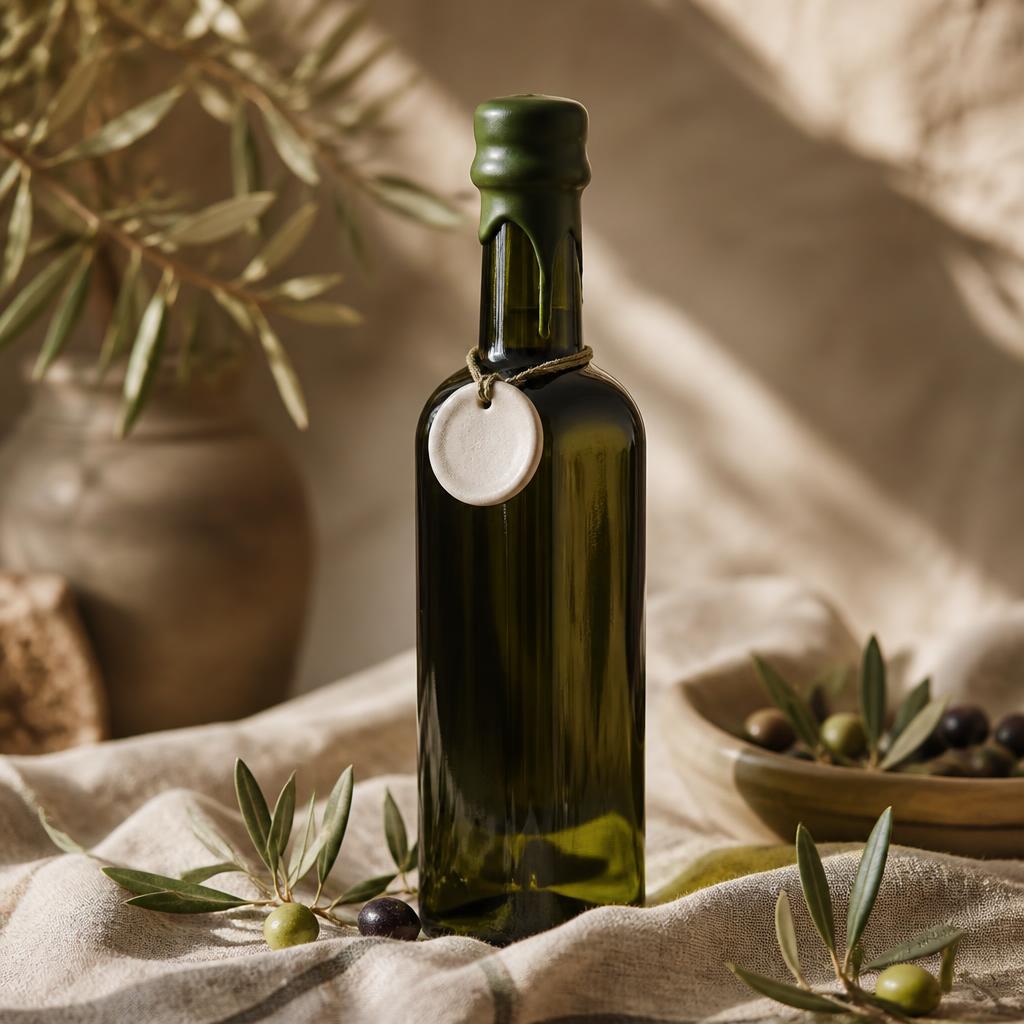 Olive oil bottle with wax-dipped neck and ceramic tag