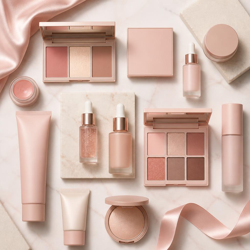 Cosmetics collection flatlay in blush palette