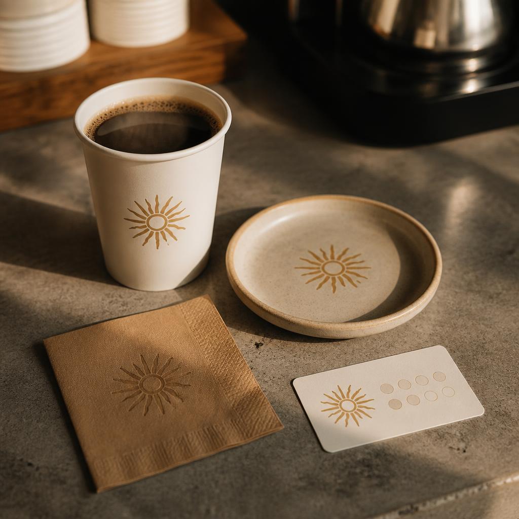 Café branding suite: cup, napkin, saucer and card