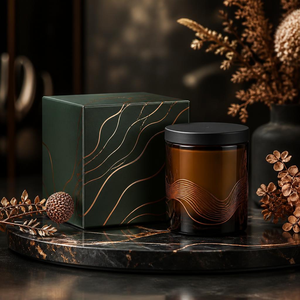Luxury candle vessel and forest green presentation box