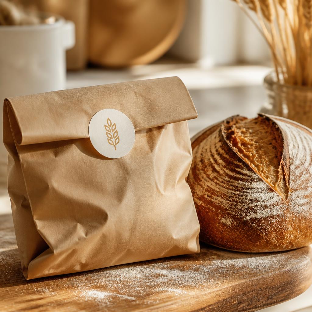 Bakery kraft bag with sticker seal beside sourdough loaf