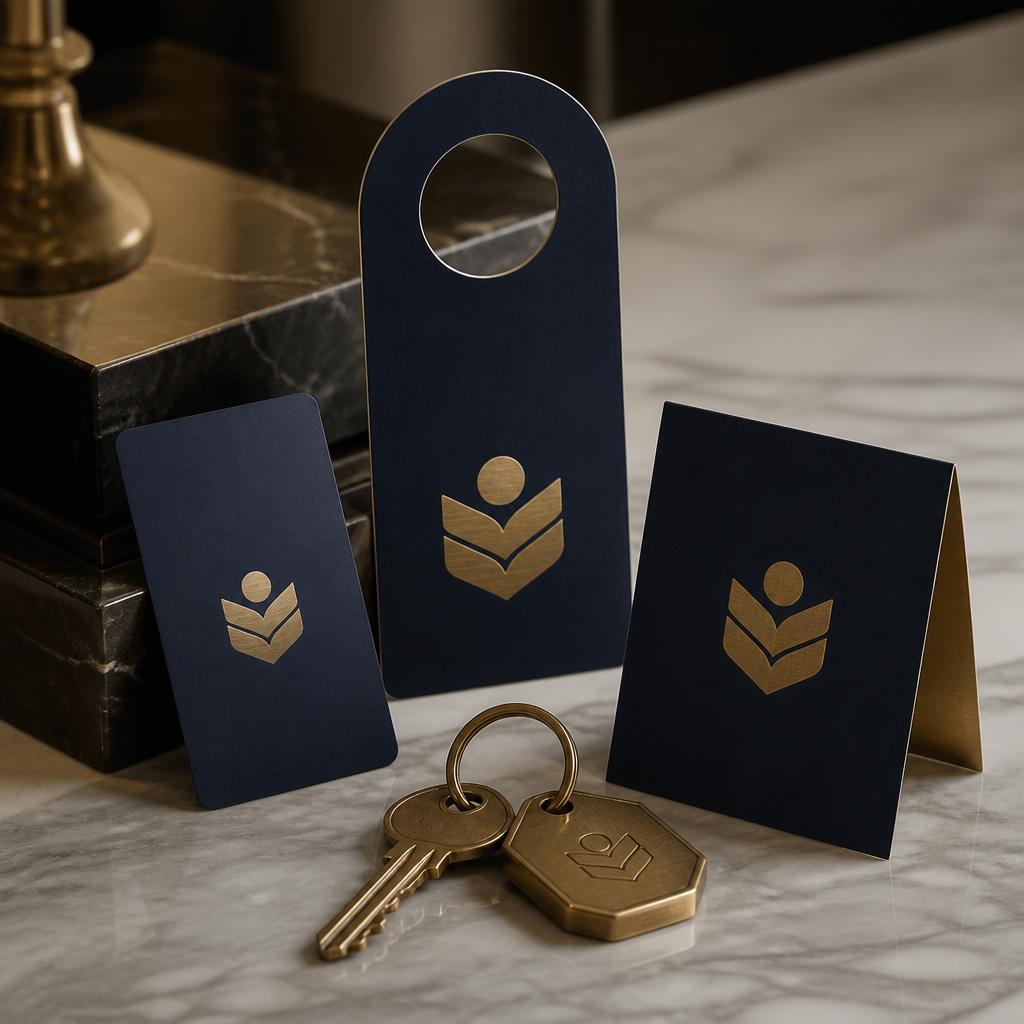 Hotel key card, door hanger and folded table card