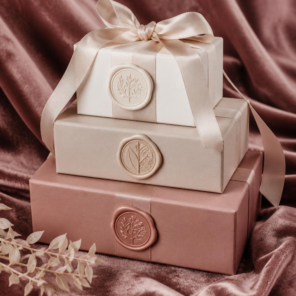 Stacked luxury gift boxes with silk ribbon and wax seals