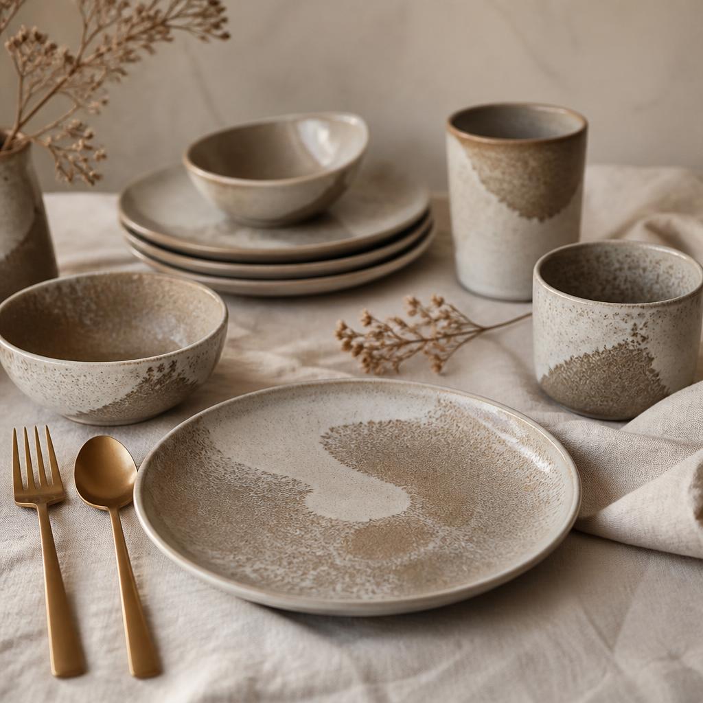 Handmade ceramic tableware collection on linen
